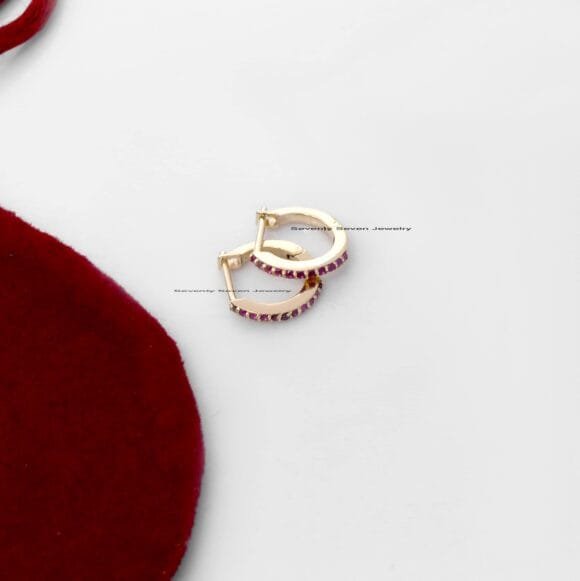 14K Gold Huggie Hoops Earrings, Gold Gemstone Huggies - Image 8
