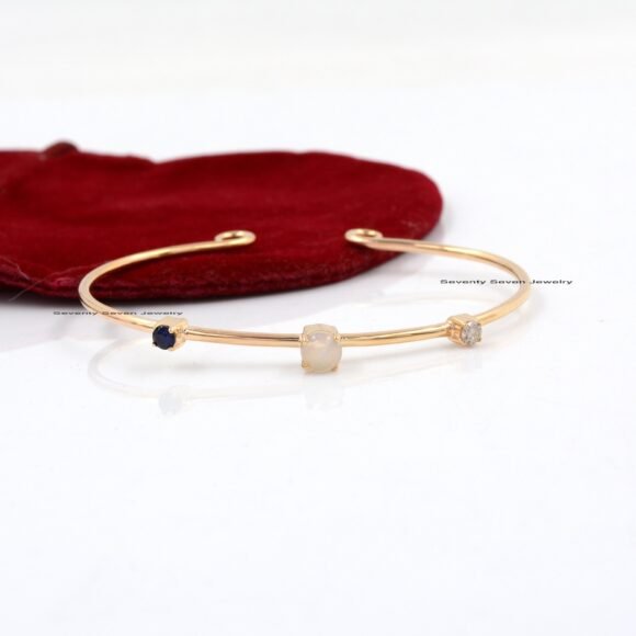 Diamond Woman's Cuff Bangle, Blue Sapphire With Opal Bangle - Image 2