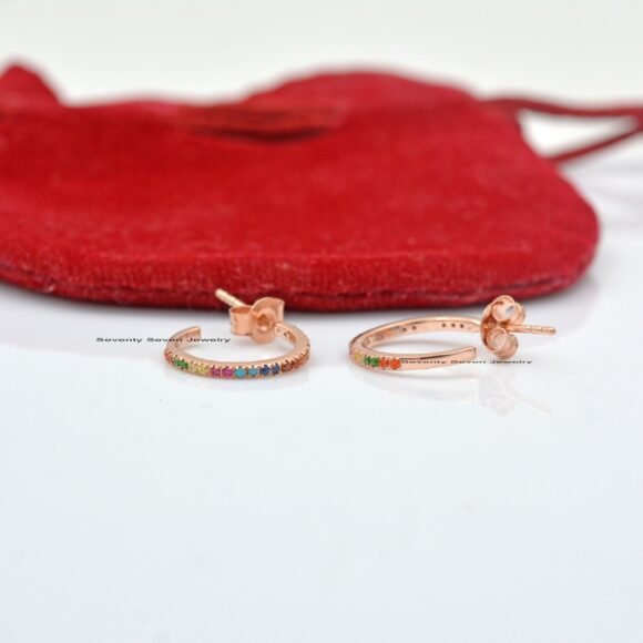925 Silver Multi Sapphire Hoops, Cubic Zircon Hoop Earrings - Image 2