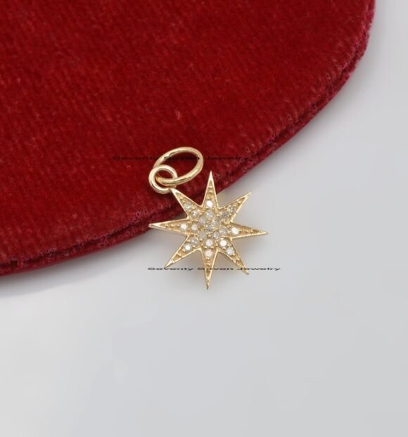 14K Gold Star Burst Diamond Pendant, 14k Star Pendant - Image 5