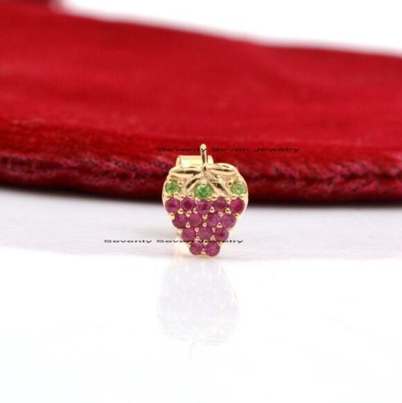 14k Gold Strawberry Studs, 14k Strawberry Earrings, Ruby & Emerald Strawberry Studs - Image 3