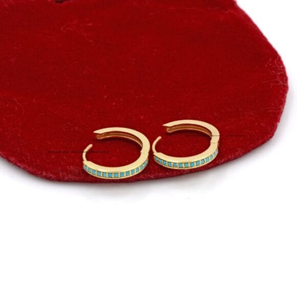 Solid 14K Gold Diamond Hoop Huggies, 17 MM Turquoise Huggies - Image 6