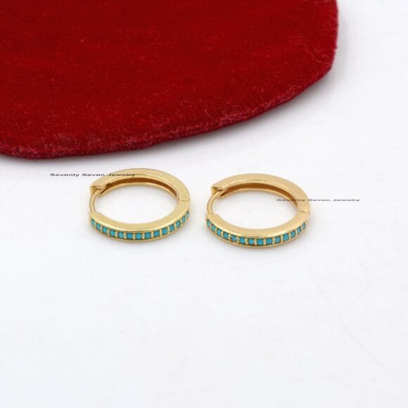 Solid 14K Gold Diamond Hoop Huggies, 17 MM Turquoise Huggies - Image 4