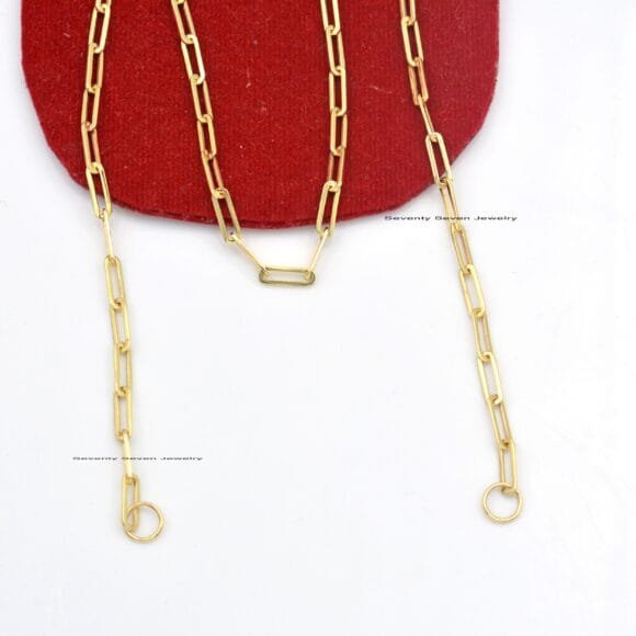 Solid Gold Elongated Link Paperclip Chain, Carabiner Connector Chain - Image 3