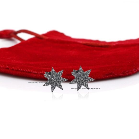 14K Gold Starburst Studs, Pave Diamond Star Studs - Image 3