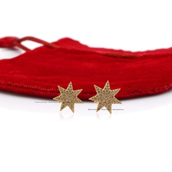 14K Gold Starburst Studs, Pave Diamond Star Studs - Image 4