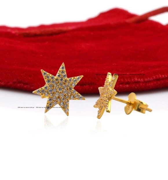 14K Gold Starburst Studs, Pave Diamond Star Studs