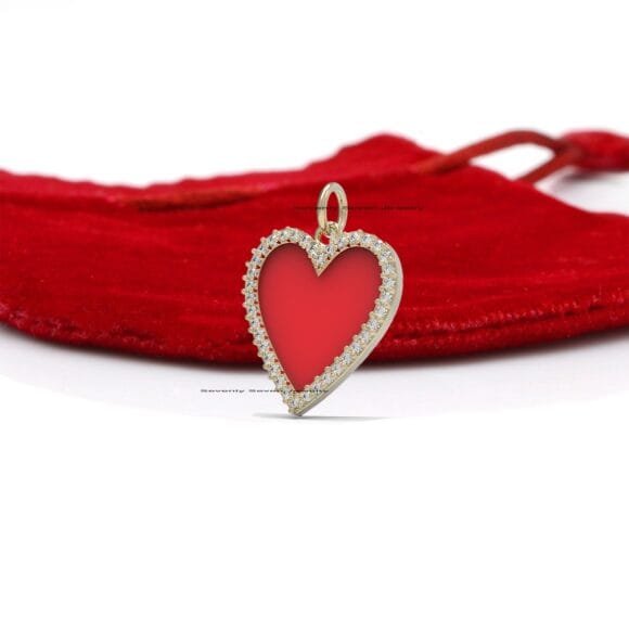 14k Gold Diamond Enamel Heart Pendant, Diamond Heart Pendant - Image 3
