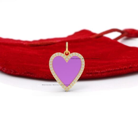 14k Gold Diamond Enamel Heart Pendant, Diamond Heart Pendant - Image 4