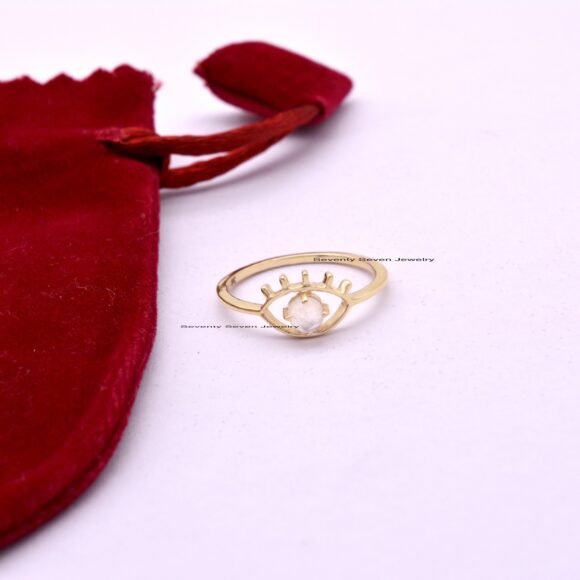 9K Gold Moonstone Evil Eye Ring, Gemstone Eye Ring,Solid Gold Eye Ring