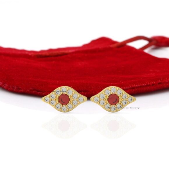 14k Gold Evil Eye Stud Earrings, Ruby Eye Studs, Diamond Evil Eyes Studs - Image 2