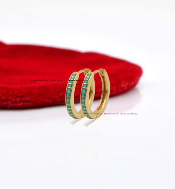 Solid 14K Gold Diamond Hoop Huggies, 17 MM Turquoise Huggies - Image 2