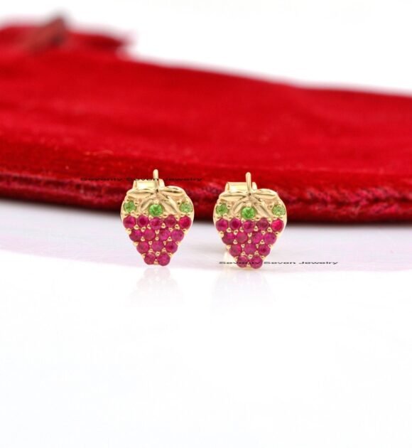 14k Gold Strawberry Studs, 14k Strawberry Earrings, Ruby & Emerald Strawberry Studs