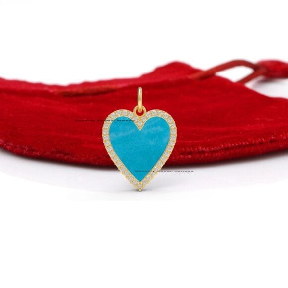 14k Gold Diamond Enamel Heart Pendant, Diamond Heart Pendant
