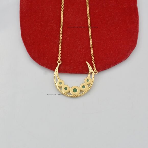 Diamond Crescent Moon Pendant Necklace, Emerald Gemstone Half Moon Pendant Necklace - Image 3