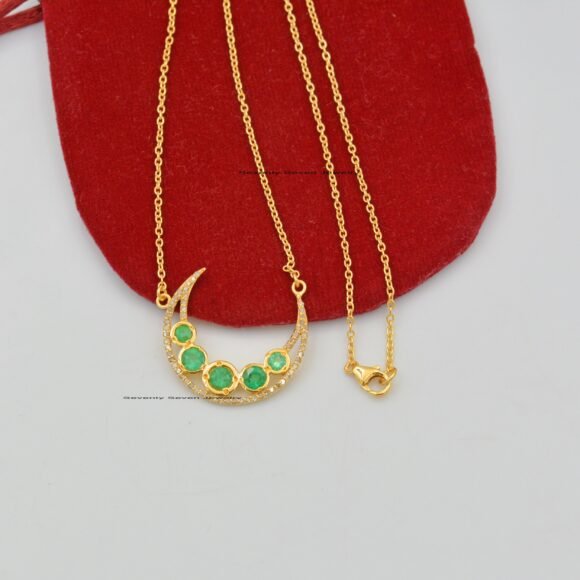 Diamond Crescent Moon Pendant Necklace, Emerald Gemstone Half Moon Pendant Necklace