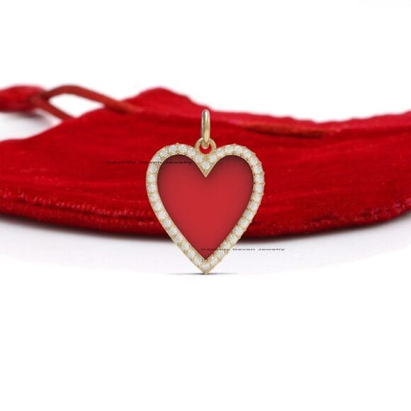 14k Gold Diamond Enamel Heart Pendant, Diamond Heart Pendant - Image 2