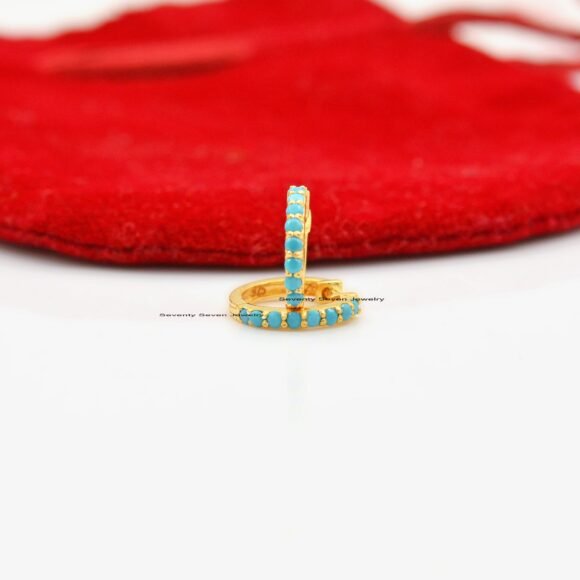9K Gold Turquoise Huggies, 9K Diamond Huggies, 9k Gold Diamond Huggie Hoops - Image 2