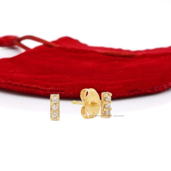 9K Gold Diamond Bar Stud Earrings, Dainty Bar Studs, Small Bar Studs - Image 3