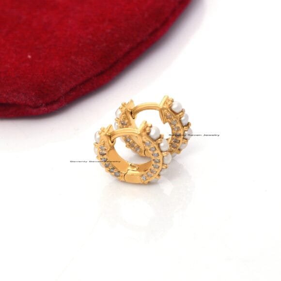 14K Gold Diamond Huggies, Solid Gold Gemstone Huggies - Image 3