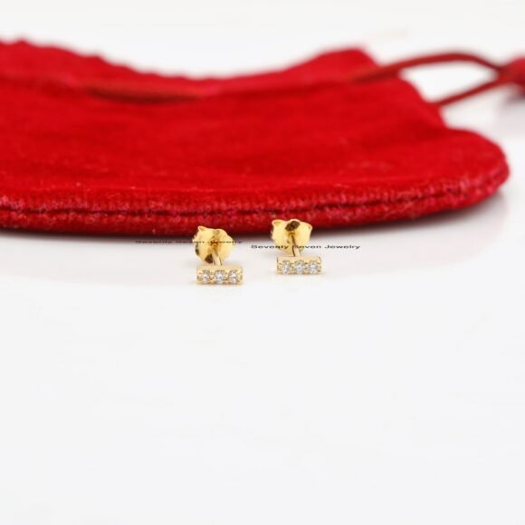 9K Gold Diamond Bar Stud Earrings, Dainty Bar Studs, Small Bar Studs - Image 2