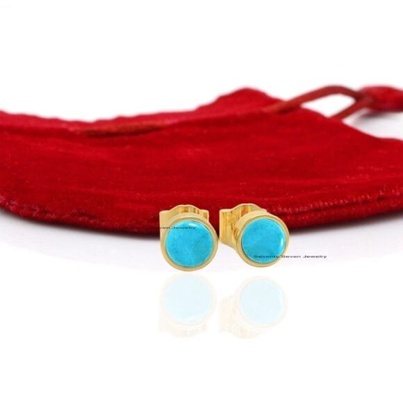 Solid 14K Gold Turquoise Studs, 14k Round Turquoise Studs