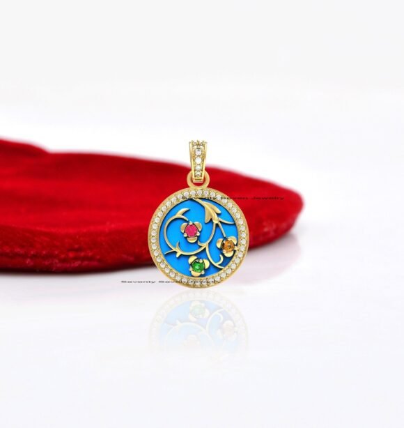 925 Silver Enamel Round Pendant, Diamond Engraving Pendant
