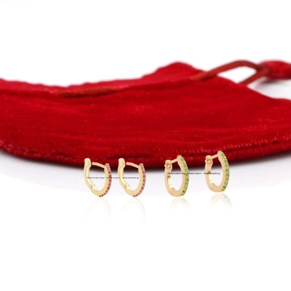 14K Gold Huggie Hoops Earrings, Gold Gemstone Huggies - Image 3