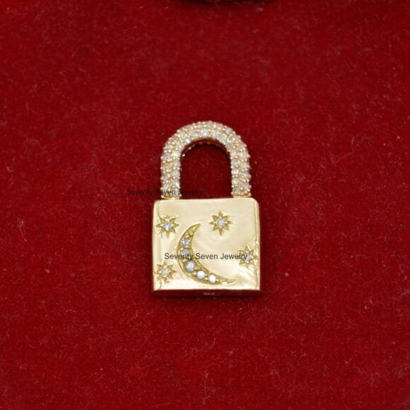 9K Solid Gold Pave Diamond Padlock, 9k Gold Jewelry