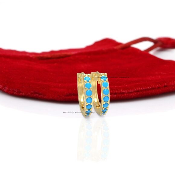 9K Gold Turquoise Huggies, 9K Diamond Huggies, 9k Gold Diamond Huggie Hoops - Image 5
