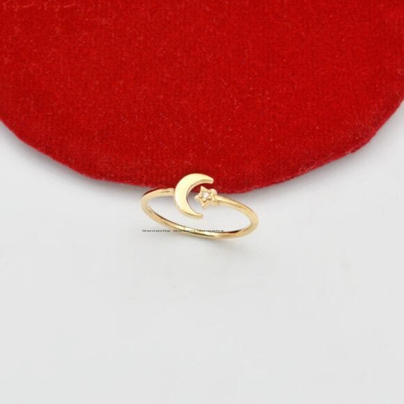 14k Gold Diamond Moon and Star Ring, Star Opening Ring
