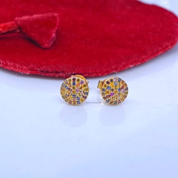 9K Gold Round Multi Gemstone Studs, Gold Round Disc Studs - Image 2