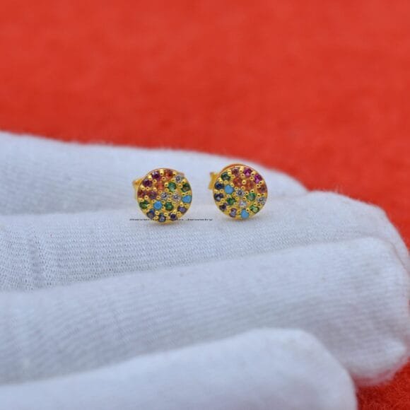 9K Gold Round Multi Gemstone Studs, Gold Round Disc Studs - Image 3