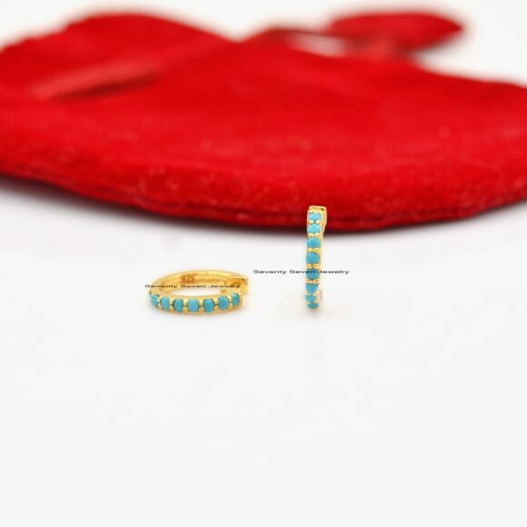 9K Gold Turquoise Huggies, 9K Diamond Huggies, 9k Gold Diamond Huggie Hoops - Image 4