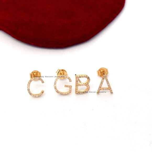14K Gold Diamond Initial Studs, Gemstone Initial Studs