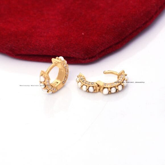 14K Gold Diamond Huggies, Solid Gold Gemstone Huggies - Image 5