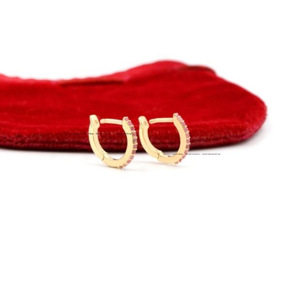 14K Gold Huggie Hoops Earrings, Gold Gemstone Huggies - Image 5