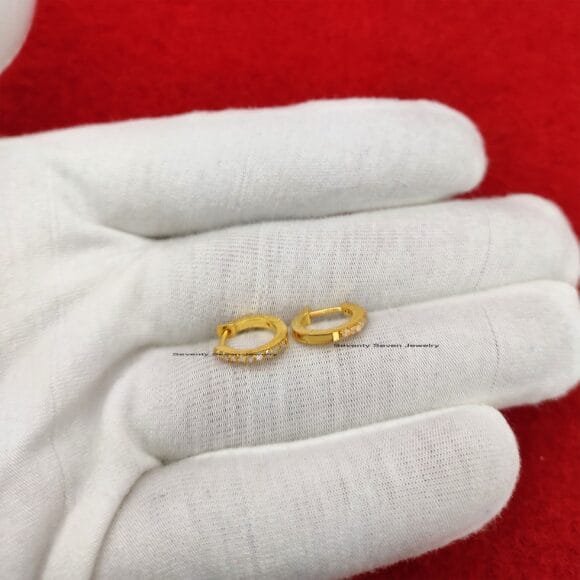14K Gold Huggie Hoops Earrings, Gold Gemstone Huggies - Image 10