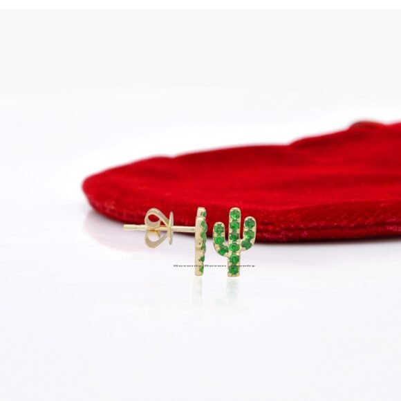 Gold Cactus Studs, Emerald Cactus Stud Earrings, Saguaro Cactus Studs