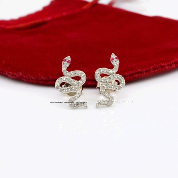 14k Gold Diamond Snake Studs, 14K Gold Snake Stud Earrings - Image 2