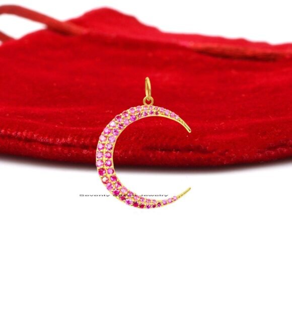 925 Silver Ruby Moon Pendant, Diamond Crescent Pendant - Image 2