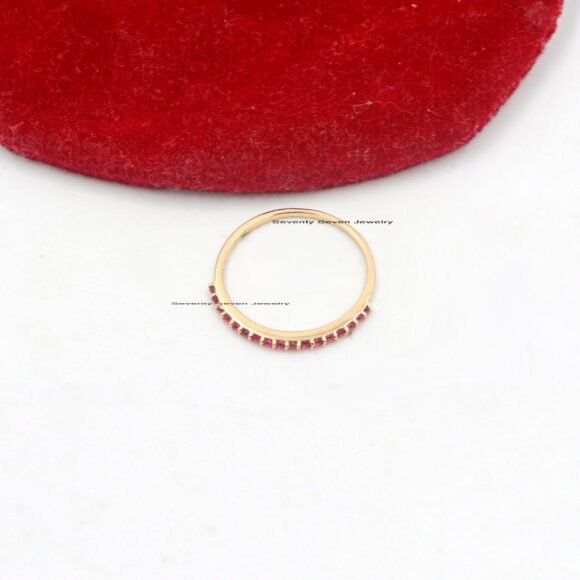 9k Gold Ruby Wedding Band, Ruby Half Eternity Band, Minimalist Ruby Ring Band - Image 4