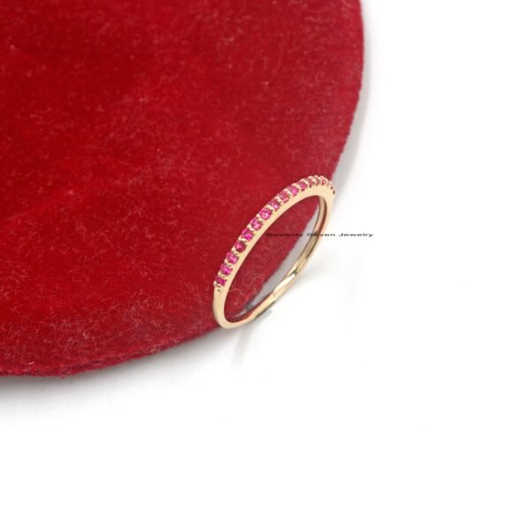 14K Gold Ruby Eternity Ring, Delicate Half Eternity Band Ring - Image 3