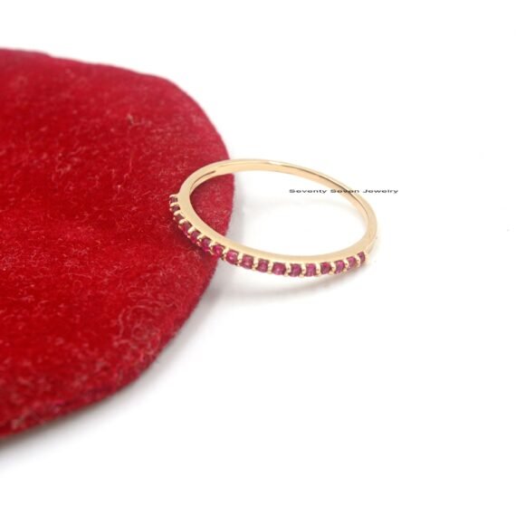 14K Gold Ruby Eternity Ring, Delicate Half Eternity Band Ring