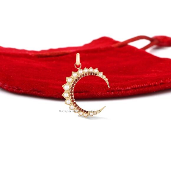 925 Silver Pearl Half Moon Pendant, Pave Ruby Half Moon Pendant