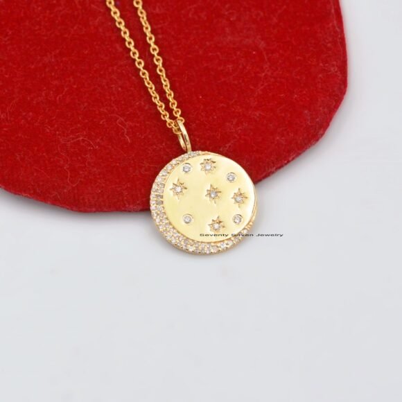 Star Moon 925 Silver Diamond Disc Pendant, Diamond Celestial Pendant - Image 2