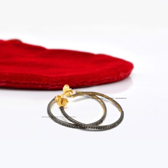 925 Silver Diamond Hoops, Oxidized Diamond Hoops - Image 2