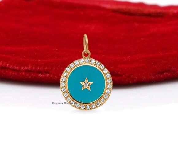 925 Silver Diamond Star Pendant, Round Enamel Star Pendant