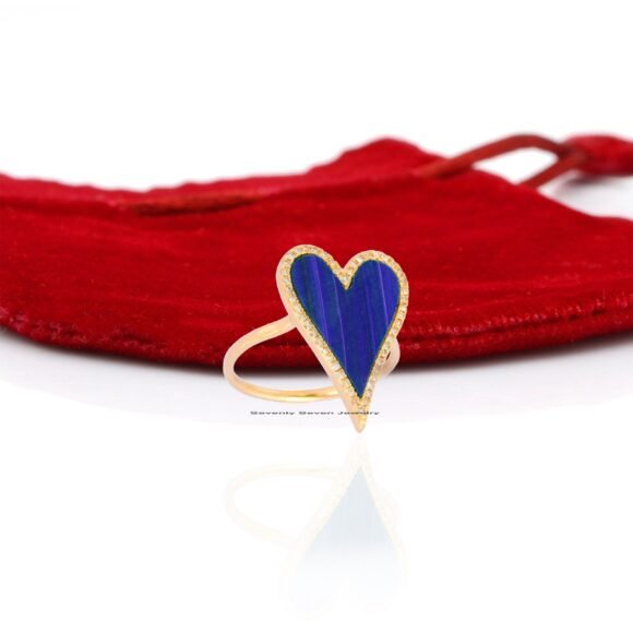 925 Silver Malachite Heart Ring, Pave Diamond Heart Ring - Image 3