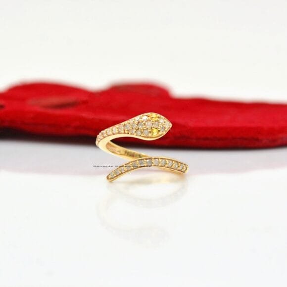 9K Gold Diamond Snake Ring, Gold Emerald Snake Ring - Image 2